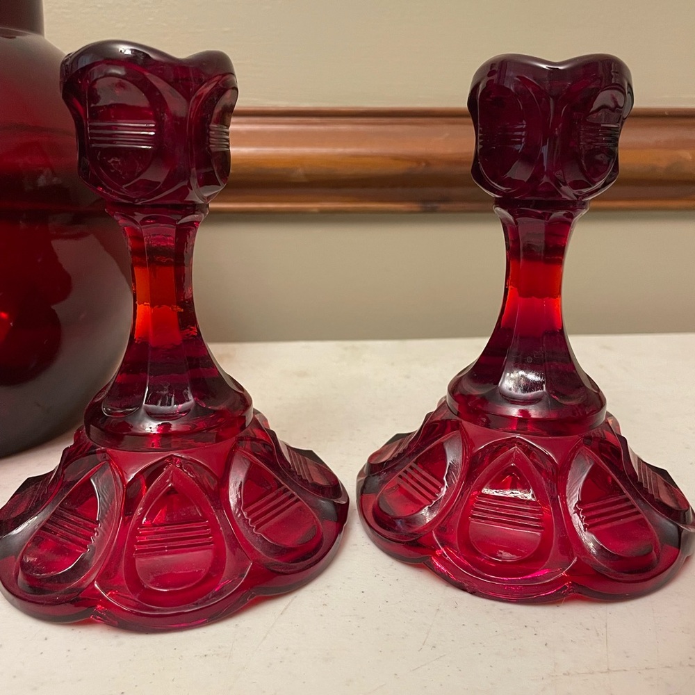 Fenton Glass. Barred tear drop design. Ruby Red Elegant Glass Candle Holders